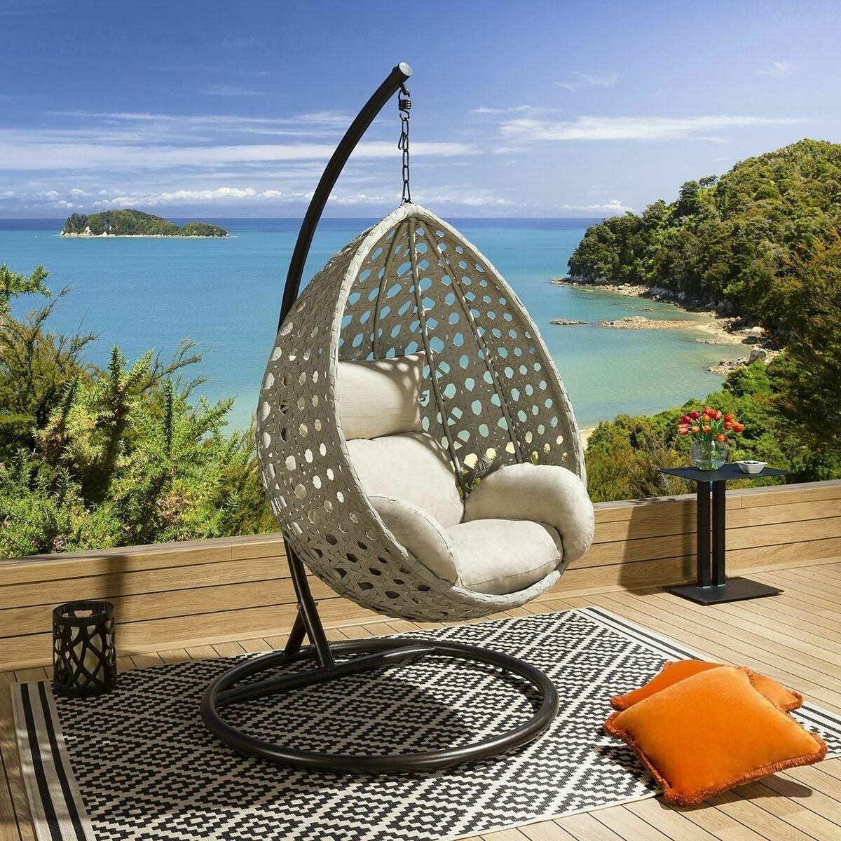 Luxury Extra Large Outdoor Hanging Pod Chairs Grey Rope Table