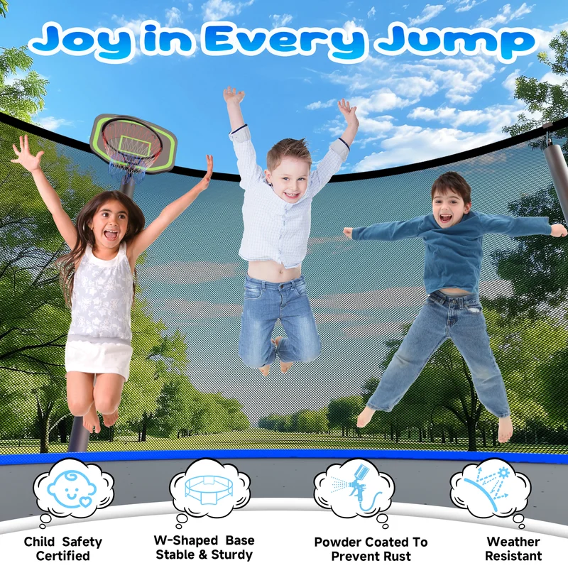 16FT Trampoline for 8-9 Kids Adults with Basketball Hoop, Enclosure, Light, Sprinkler, Socks, 2000LBS Outdoor Round Heavy Duty Recreational Backyard Trampoline