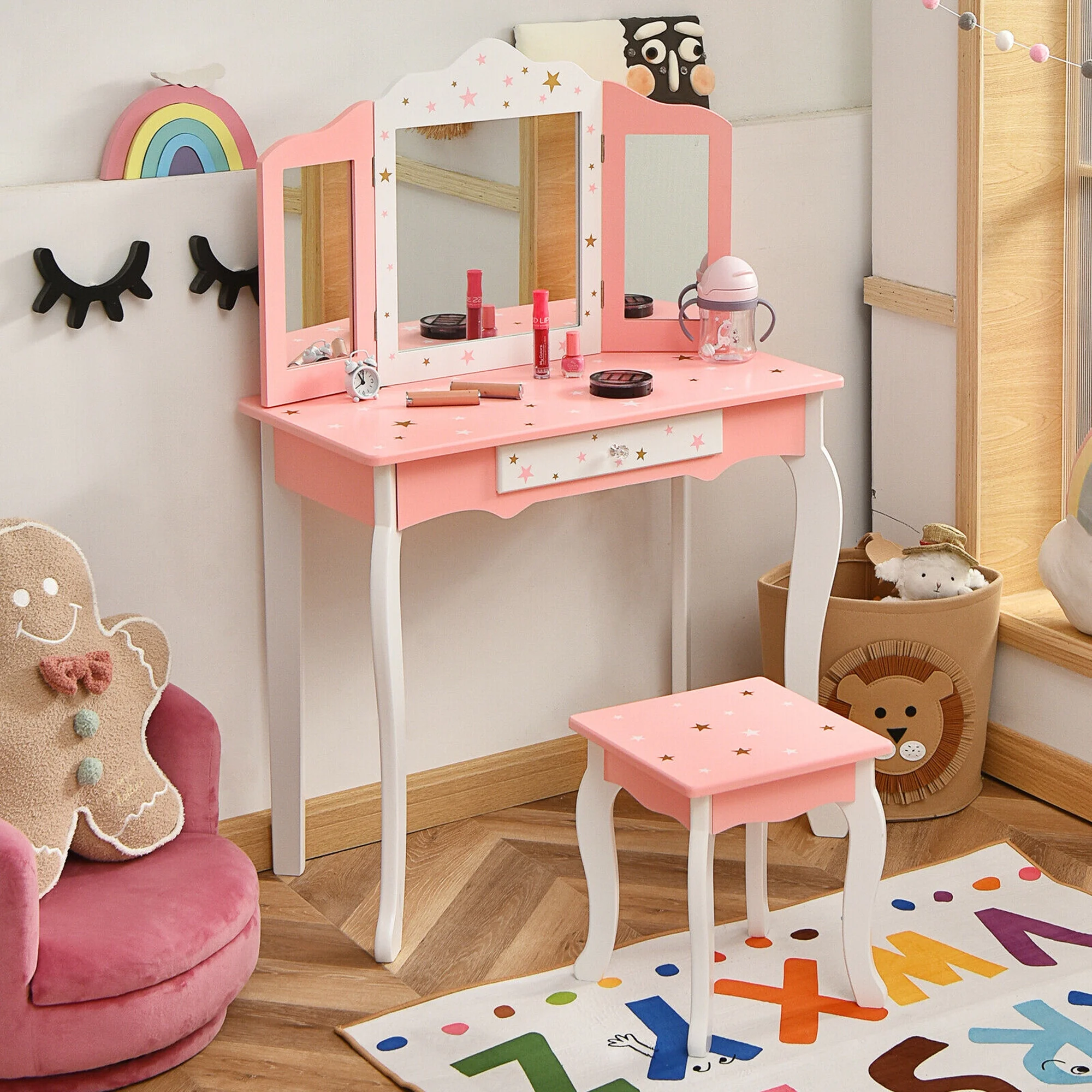 Gymax Kids Vanity Princess Makeup Dressing Table Chair Set W/ Tri-folding Mirror Pink