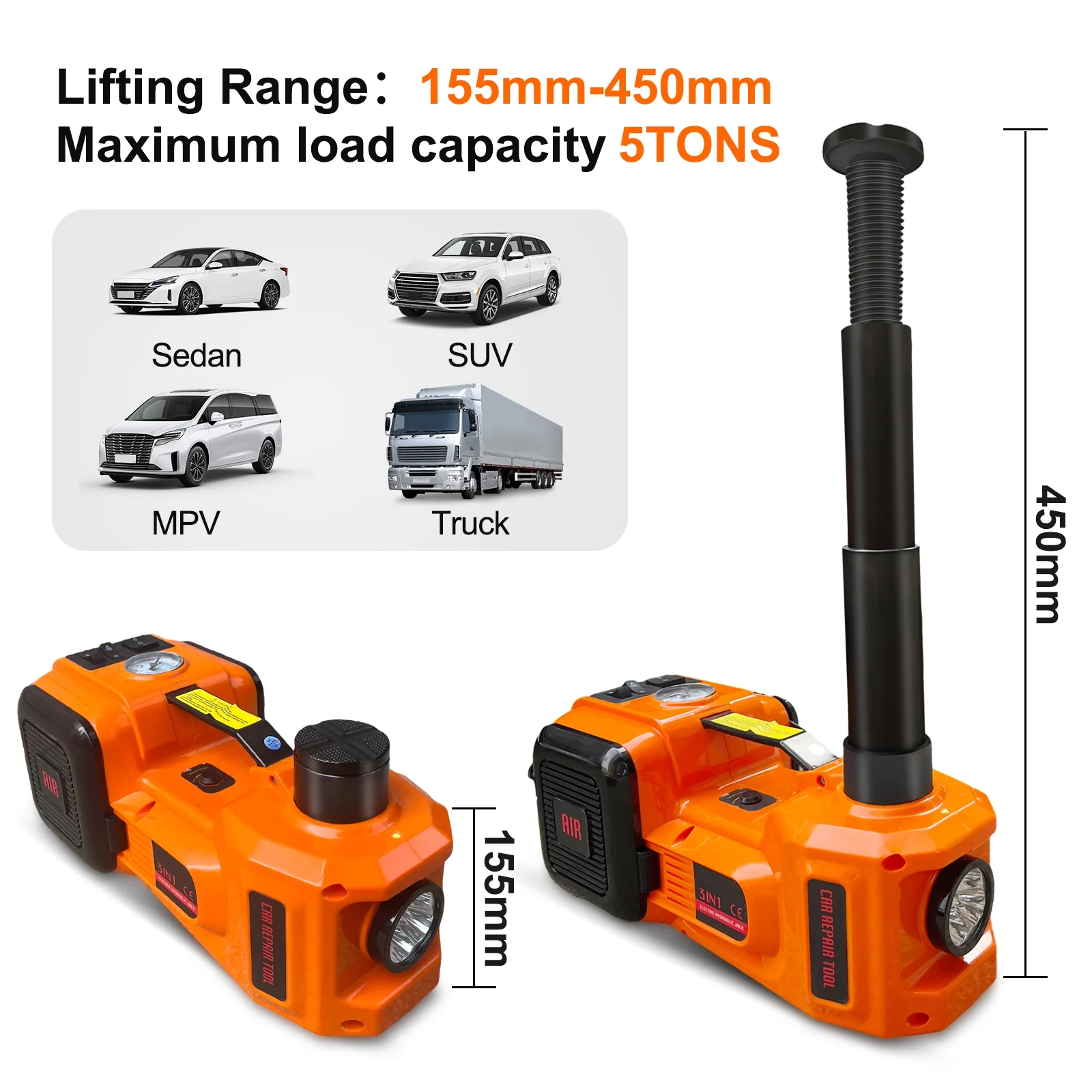 BEIMIMU 5T Electric Car Jack kit,Hydraulic Jack Lift with Electric Impact Wrench,uilt-in Inflatable Pump,and LED Light for SUV ,MPV Sedan,Chrome vanadium steel