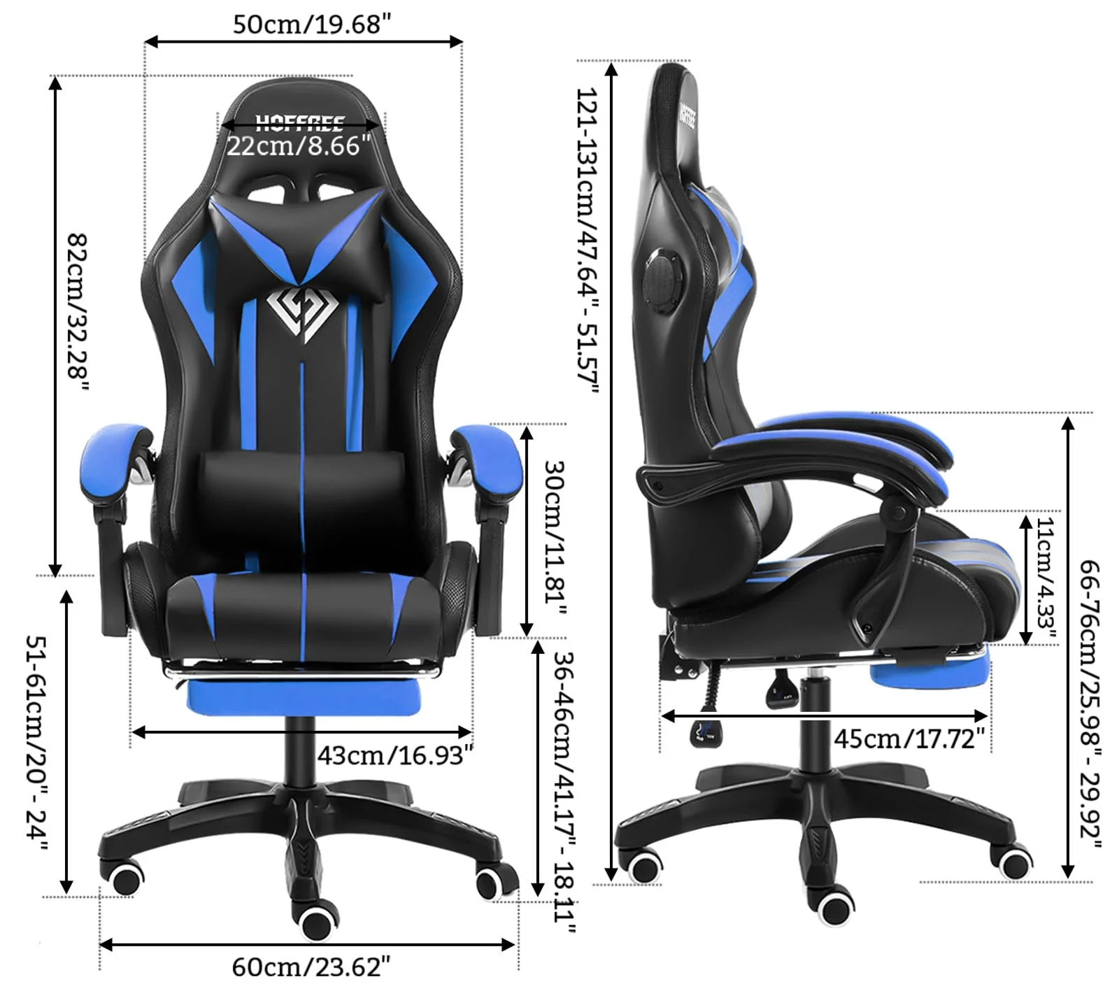 RGB Gaming Chair with Speakers Massage Computer Gaming Chair with LED Lights and Footrest High Back Video Game Chair for Adults Blue and Black