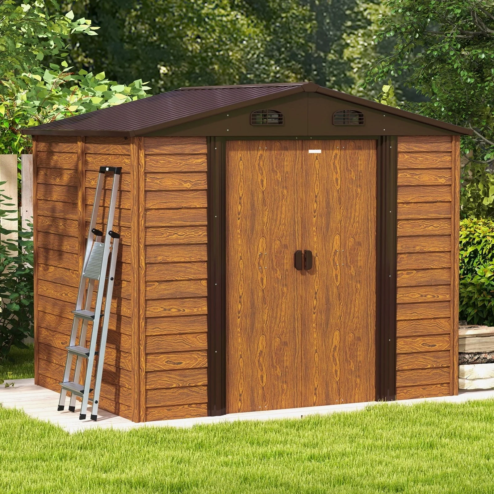 Patiowell luxurious 8 x 6 FT Wood Look Storage Shed for Outdoor, Steel Yard Shed with Design of Lockable Doors, Brown