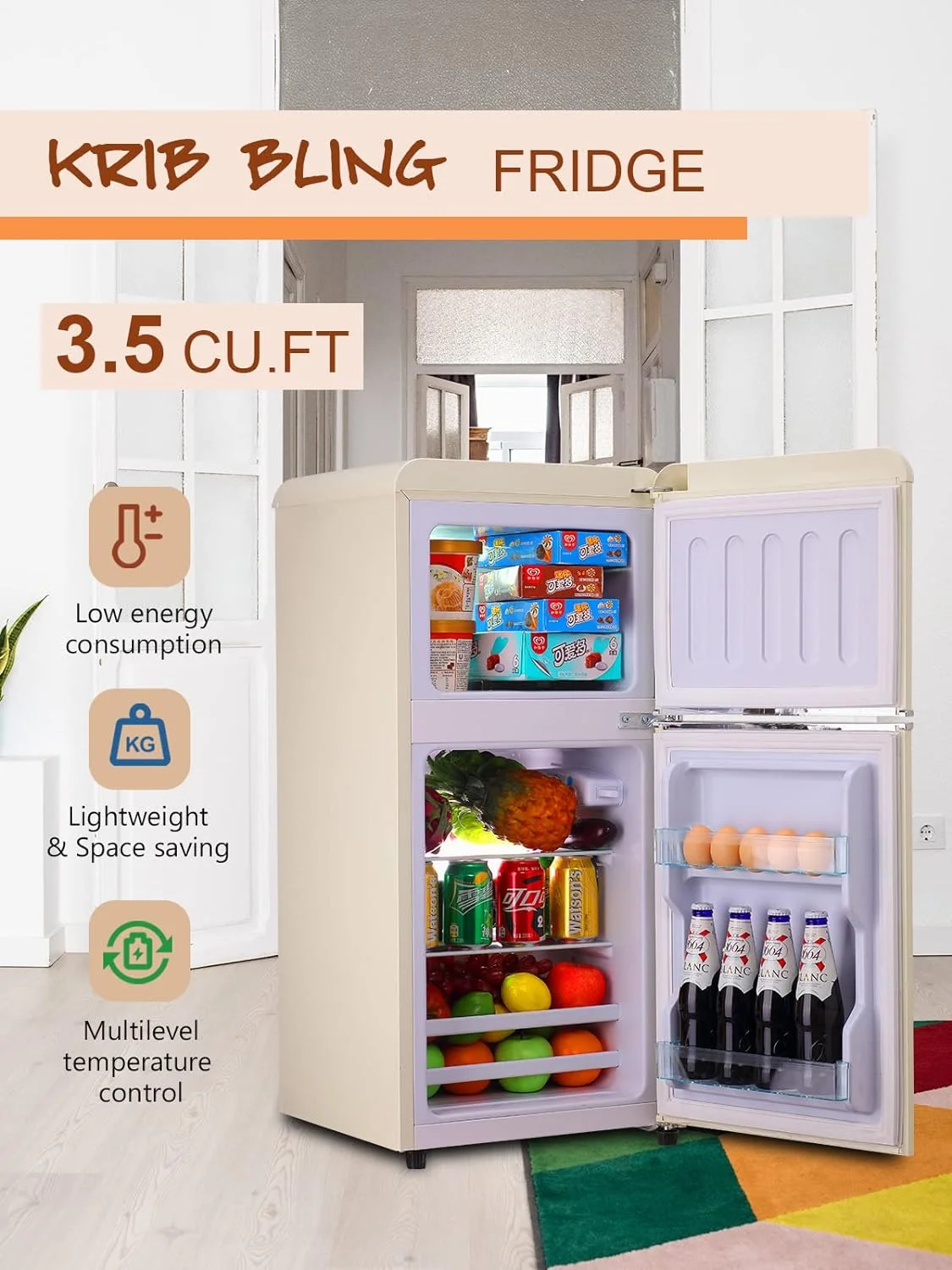 KRIB BLING 3.2 Cubic Feet Double Door Mini Fridge with Freezer, Mini Compact Refrigerator 2 Doors for Dorm, Office, Apartment, RV, Bedroom, Black