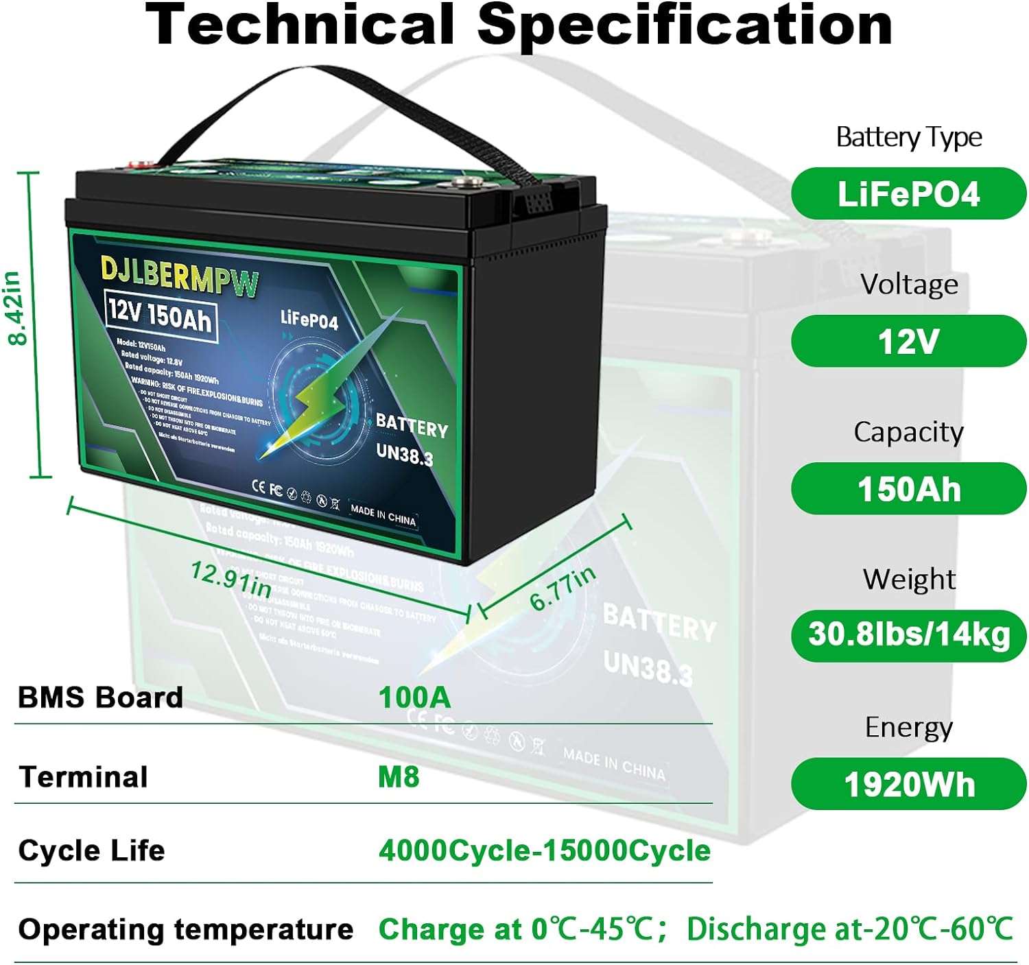 ?DJLBERMPW 12V LiFePO4 Lithium Battery 150Ah,4000-15000 Deep Cycle Marine Battery,12V 150Ah Lithium Batteries for Trolling Motor,Boat,Golf Cart,RV,Solar,Built in 120A BMS 1920W,10 Years of Life