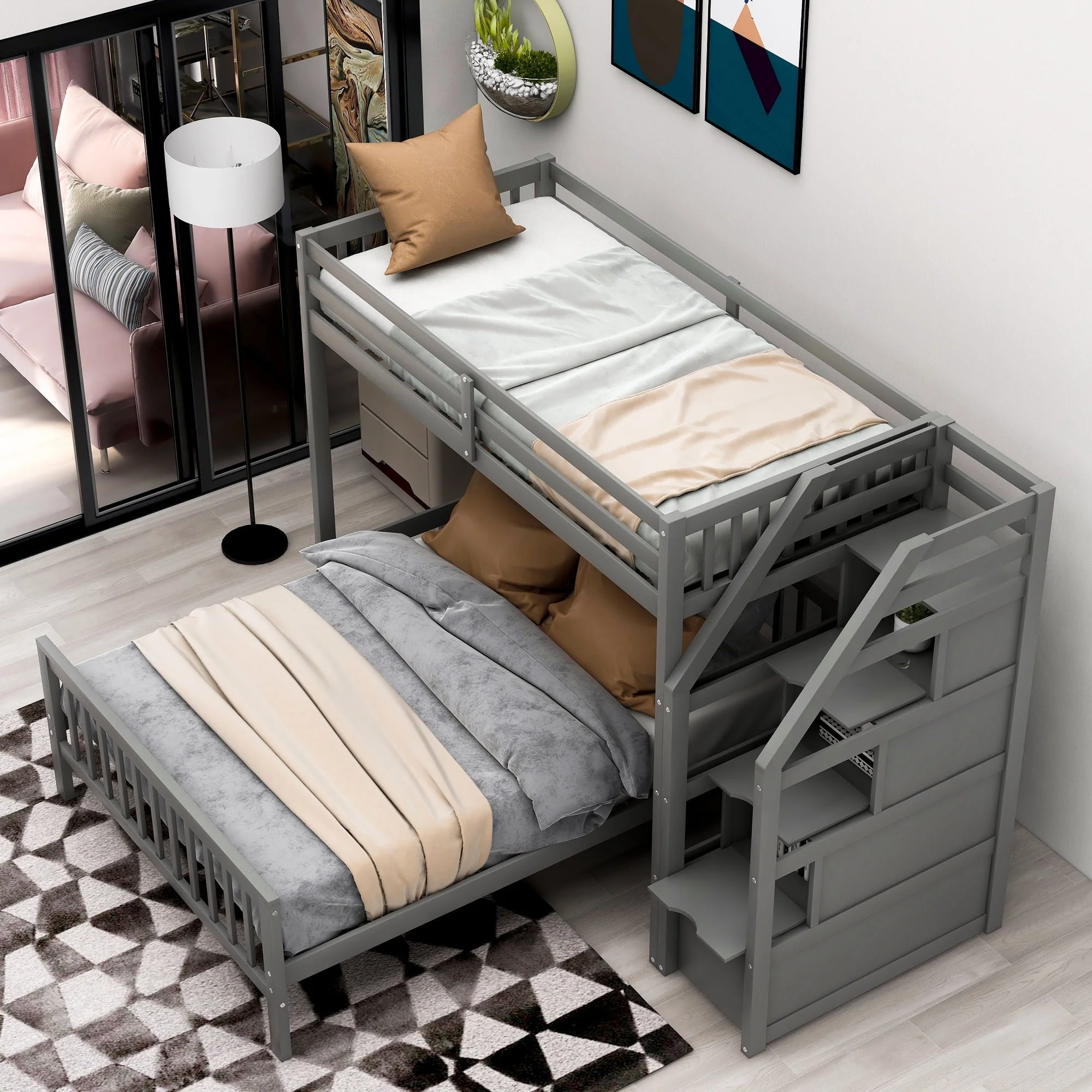 Euroco Wood Stairway Twin Loft Bed with Full Platform and Drawer