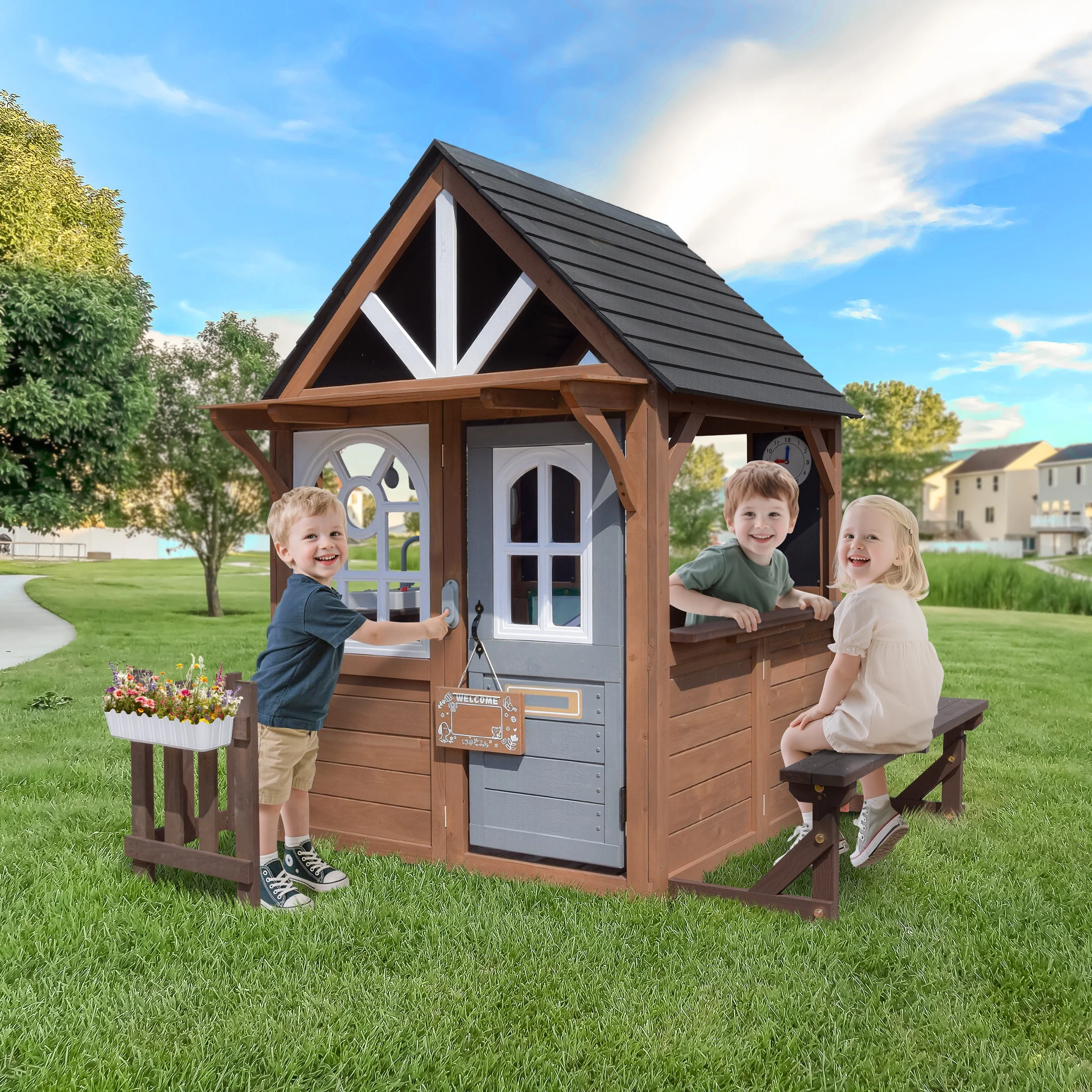 COCLUB Outdoor Playhouse, Wooden Playhouse for Kids Toddlers, Large Kids Playhouse with Bench/Fence/Kitchen/Door Nameplate/Pretend Phone, Girls Boys Outdoor Toy Gift for Ages 3+, (62.99