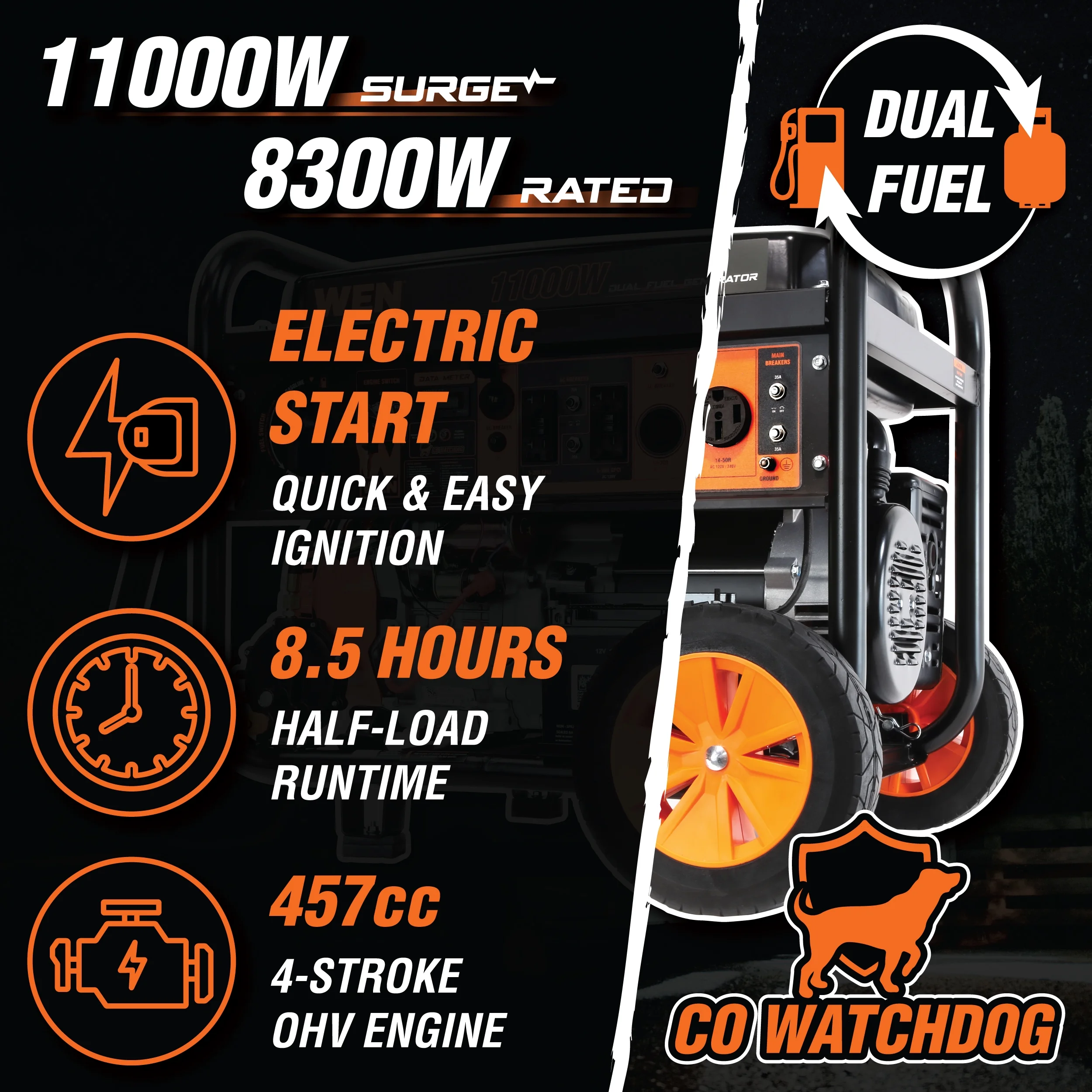 WEN 11,000-Watt 120V/240V Dual Fuel Portable Generator with Wheel Kit, Electric Start, and CO Watchdog (DF1100X)