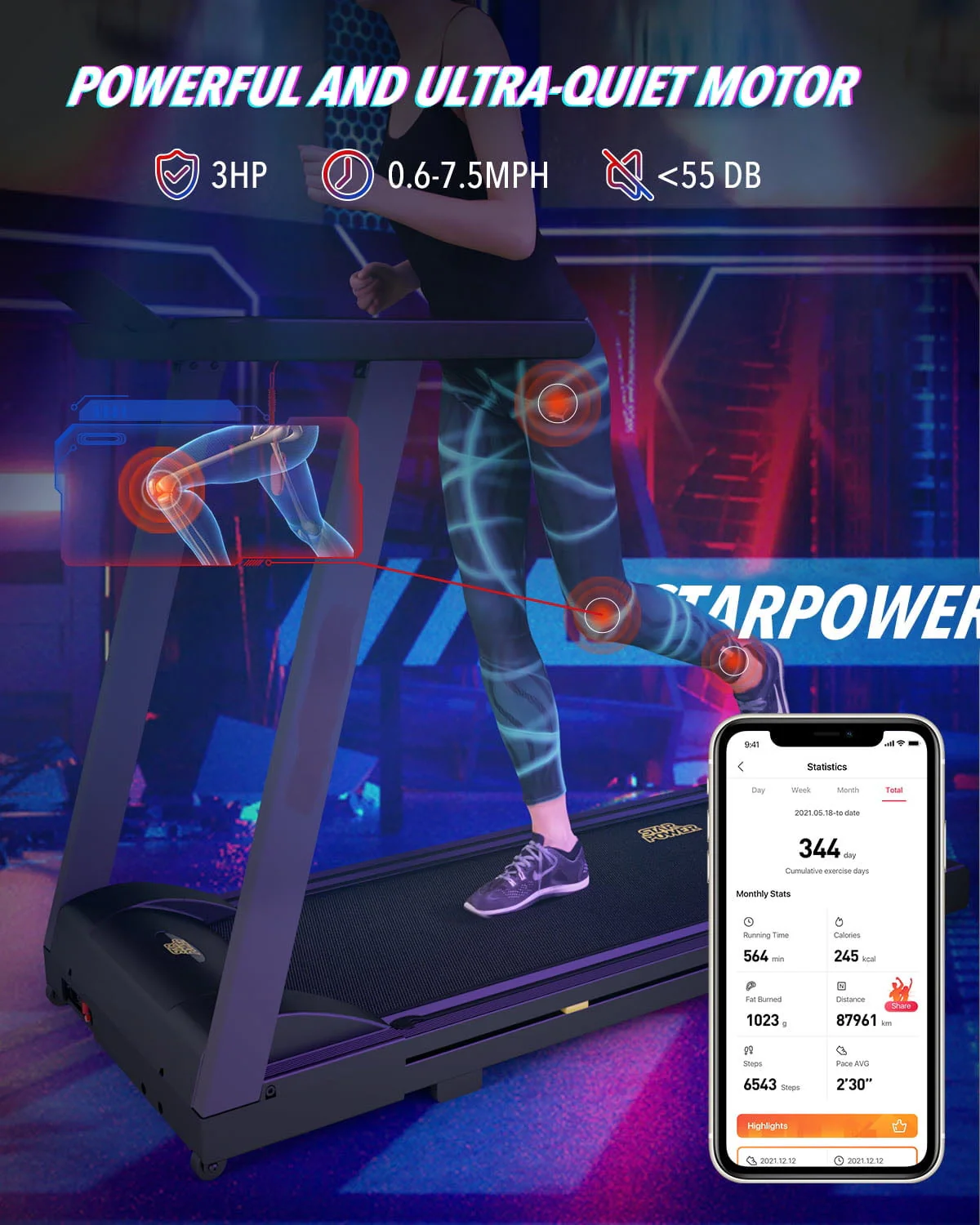 SupeRun 3 HP Smart Treadmill with APP Bracelet, Portable and Foldable with 300 lb Capacity(Black)