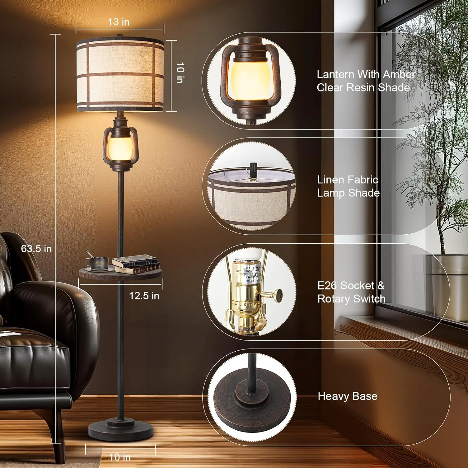 Farmhouse Metal Tray Floor Lamp For Living Room With Nightlight Vintage Tall Lamp With Linen Fabric Shade Industrial Standing Lamp For Bedroom Office Home House Study (Bulb Included)